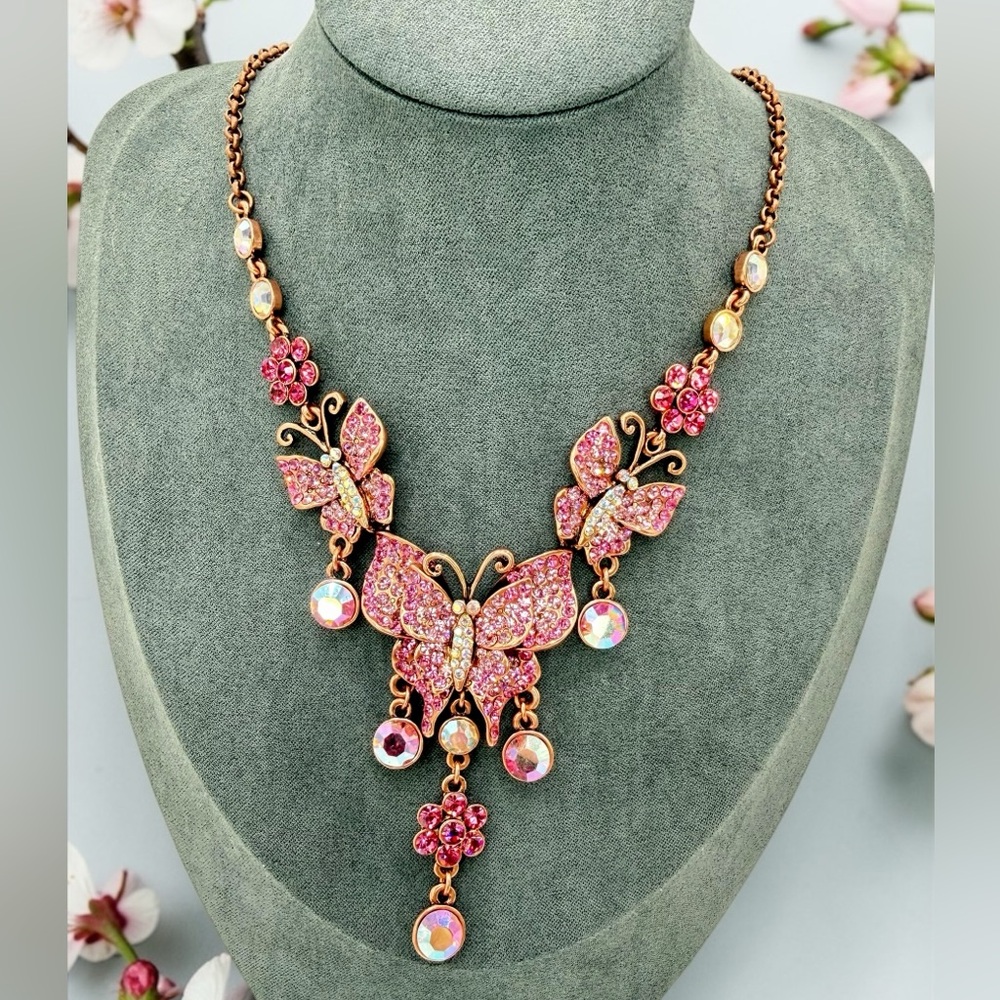 Kirks Folly Pink Butterfly Rhinestone Necklace AB Drop Signed 16”-19” whimsical - Picture 9 of 17